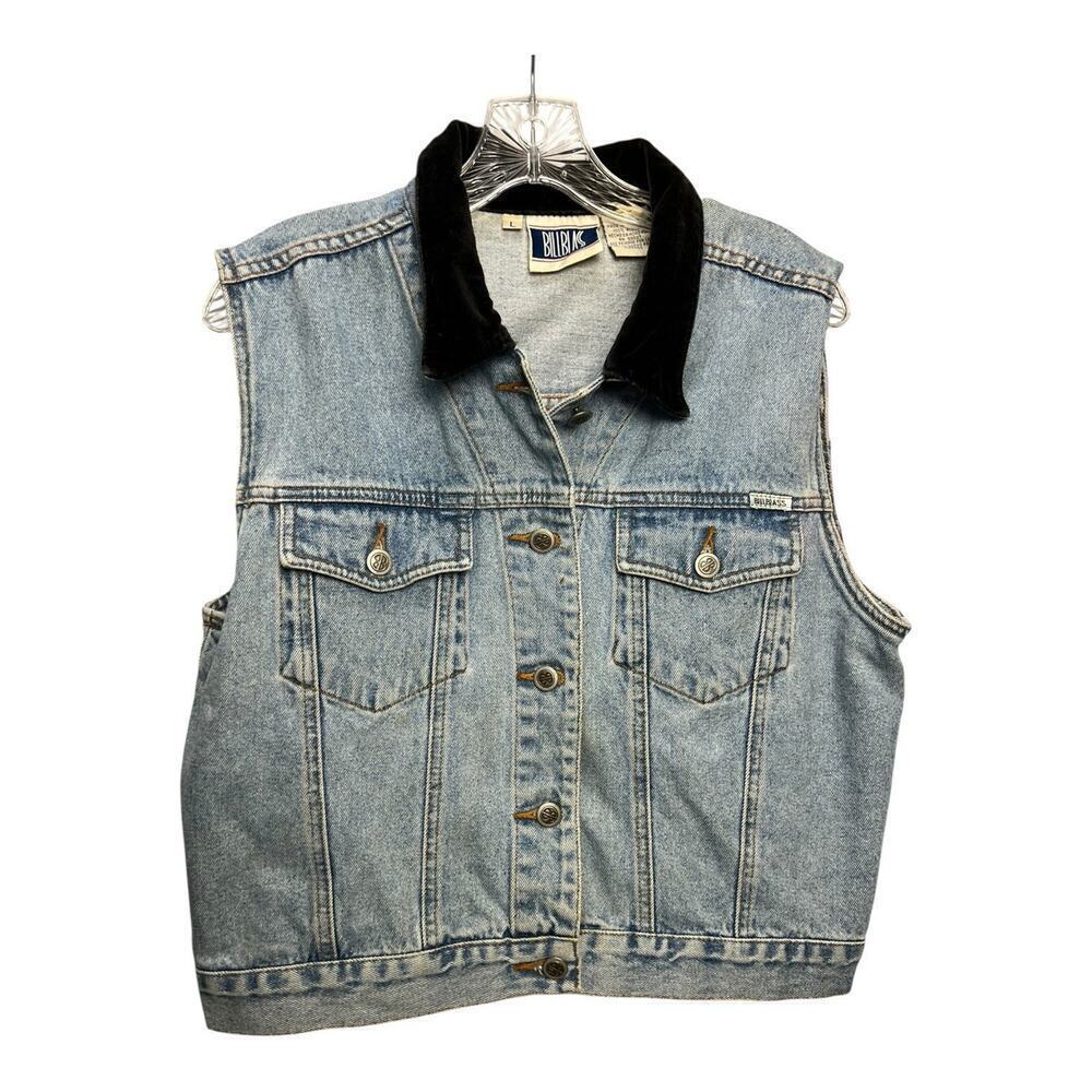 Vintage Bill Blass Denim Jean Vest Womens L Blue Button Velour Collar Rock SB31